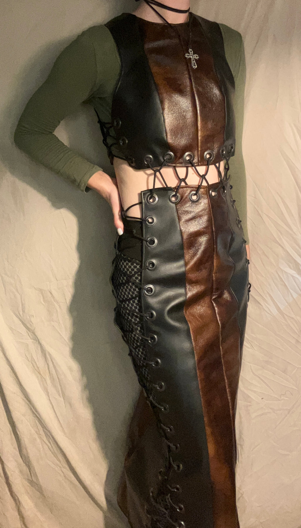 Four paneled leather tie-up dress