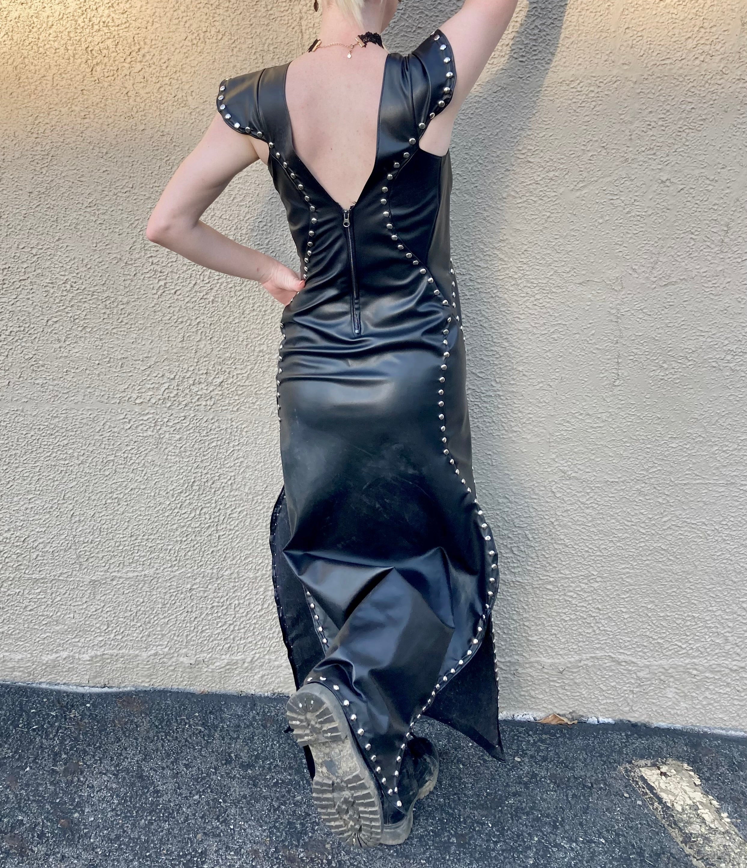 Double-Slit Studded Faux Leather Dress