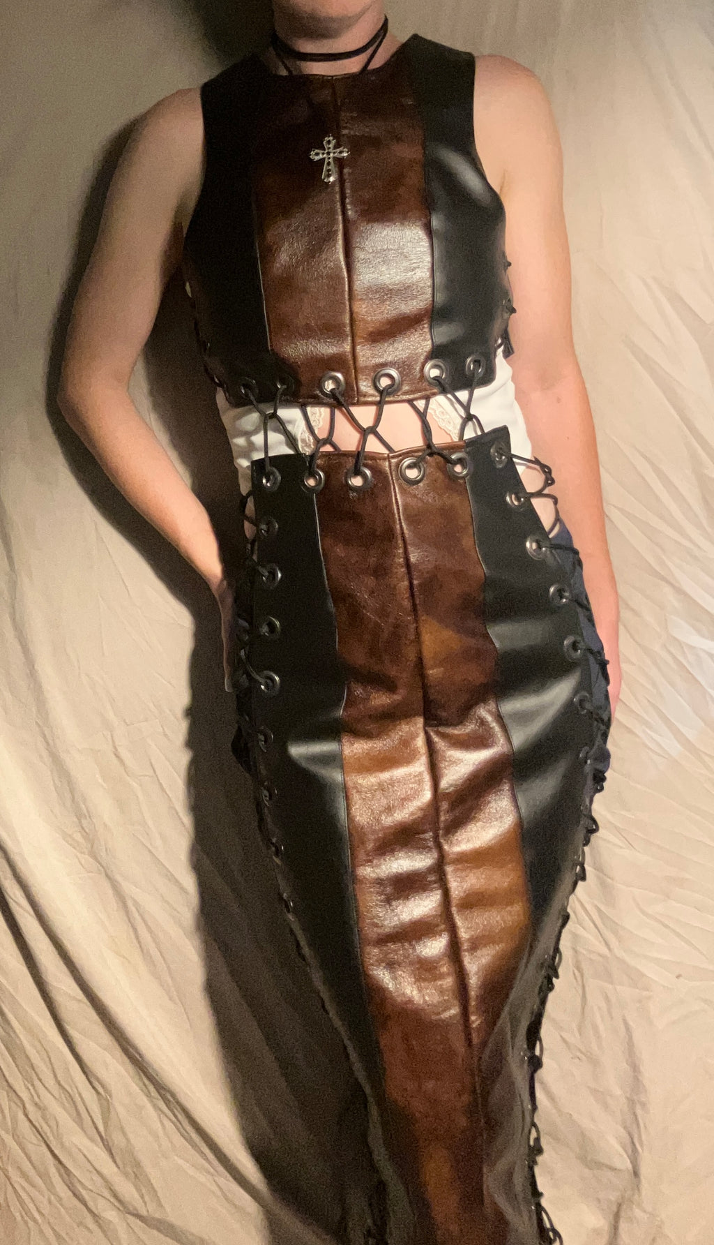Four paneled leather tie-up dress