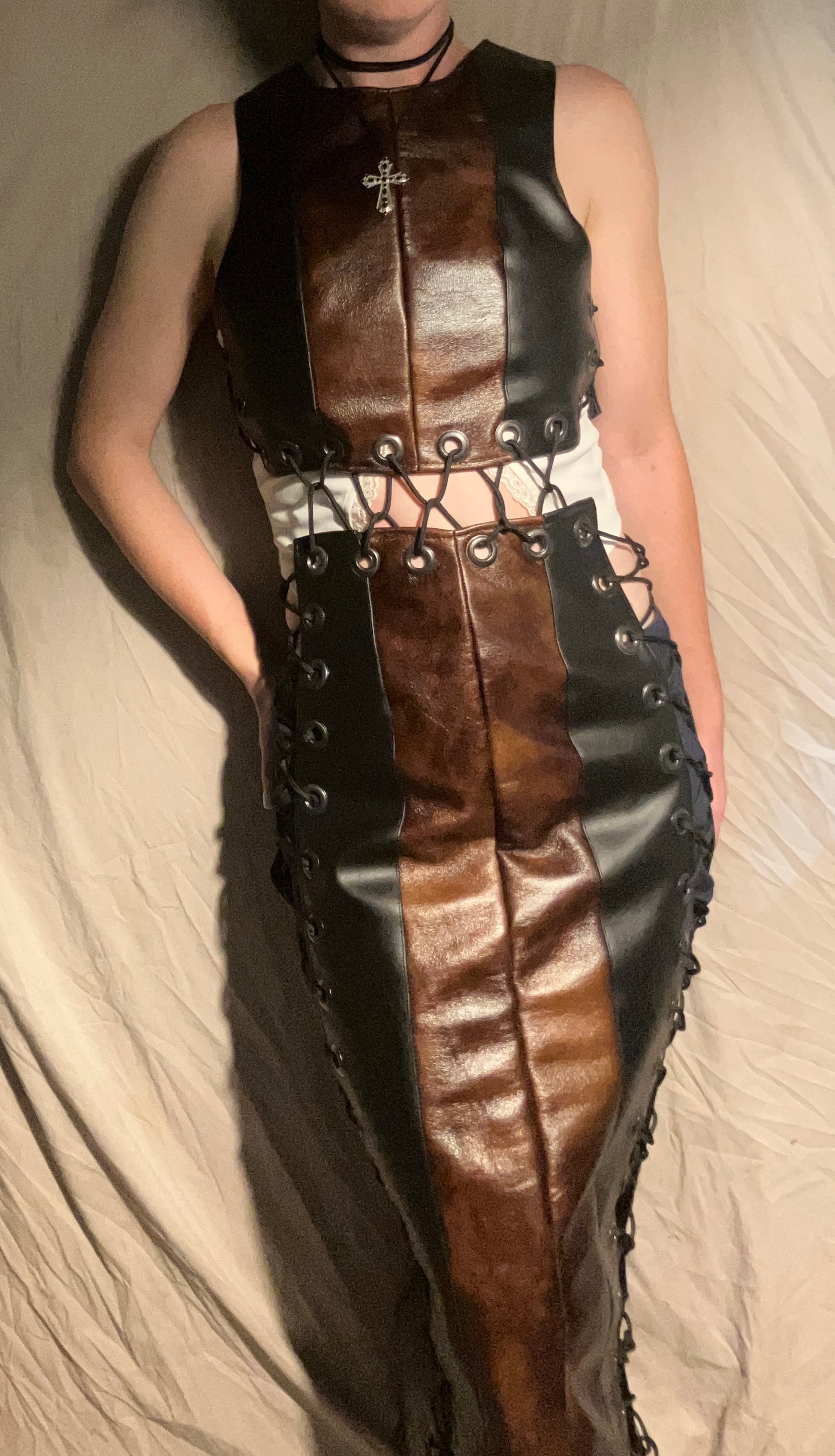 Four paneled leather tie-up dress