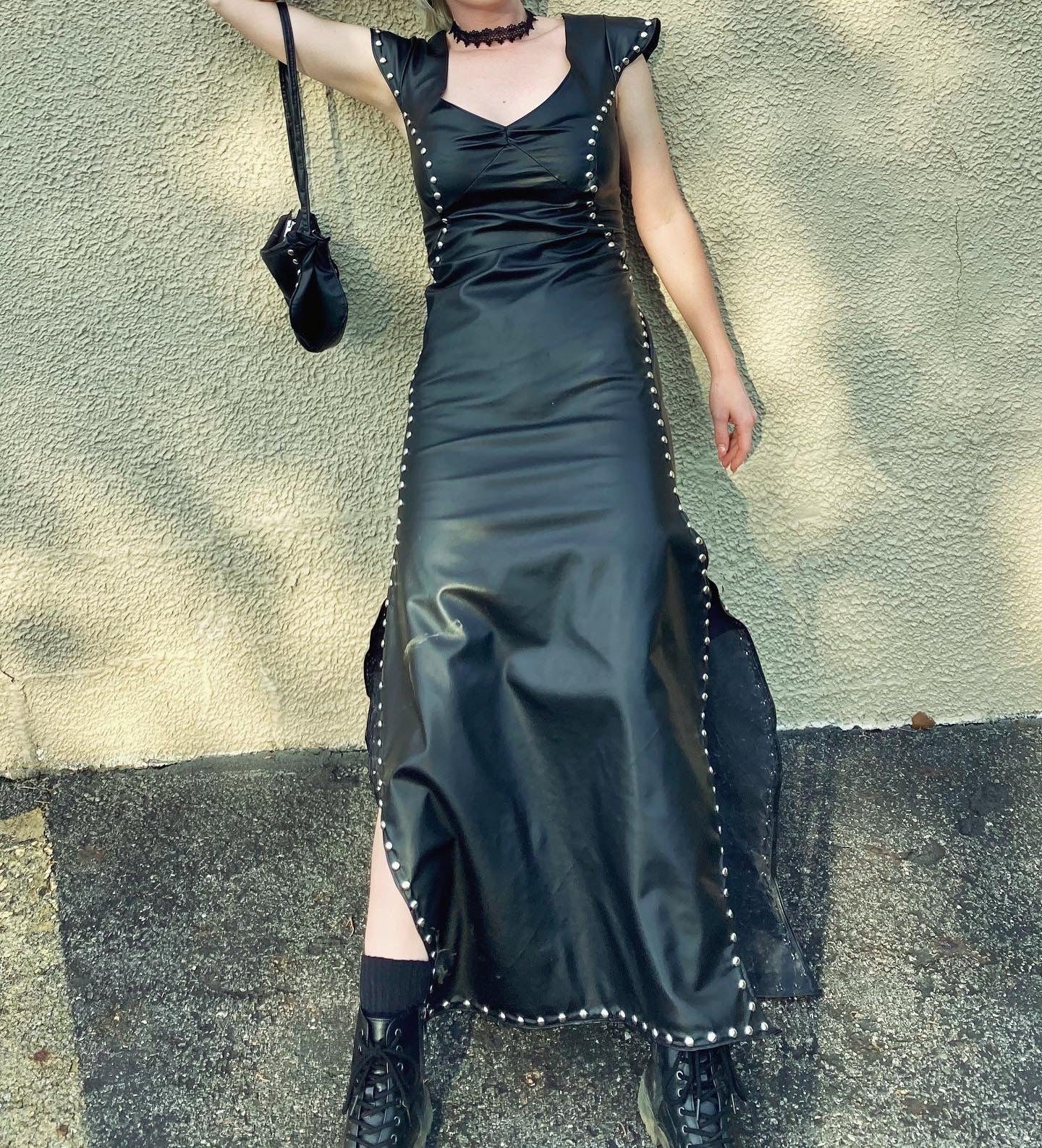 Double-Slit Studded Faux Leather Dress