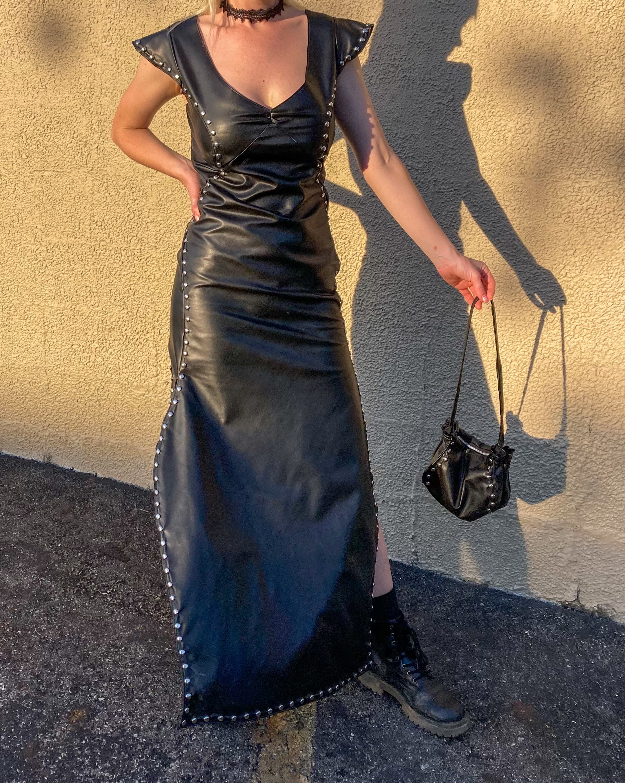 Double-Slit Studded Faux Leather Dress